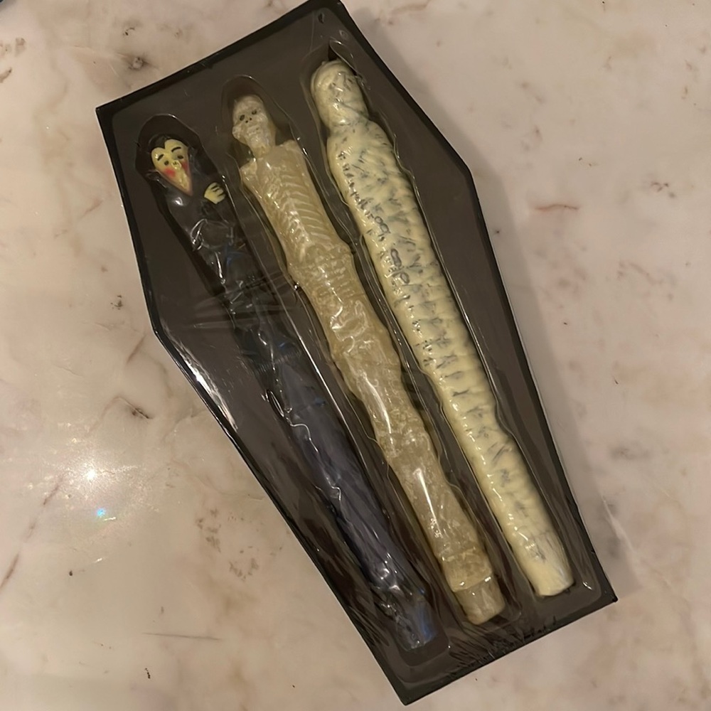 Halloween Vampire,Skeleton & Mummy Taper Candles in a Coffin Box